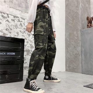 Gather-cuff Side-pocket Camouflage Cargo Pants Camouflage - One Size