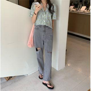 High-waist Distressed Slit Straight Leg Jeans