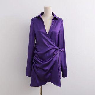 Long-sleeve Collar Mini Wrap Dress