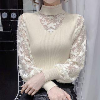 Lantern-sleeve Mock-neck Knit Top