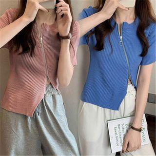 Short-sleeve Zipper Knit Cropped Top