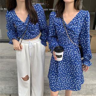 Long-sleeve Floral Print Midi Dress / Cropped Blouse