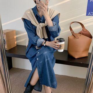 Pocket-front Long Denim Shirtdress Dark Blue - One Size