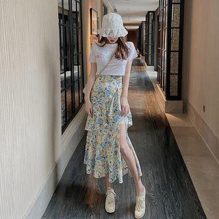Printed Short-sleeve Cropped T-shirt / Floral Print Slit Midi A-line Skirt
