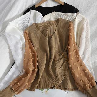 Dotted Paneled Ribbed Knit Top