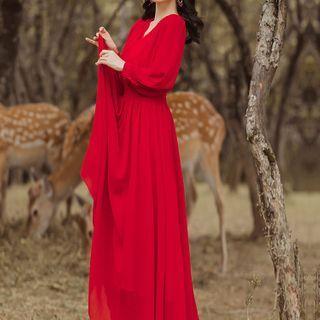 V-neck Plain Chiffon Maxi Dress