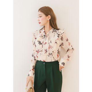 Long-sleeve Tie-front Ruffled Floral Top