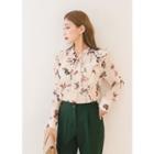 Long-sleeve Tie-front Ruffled Floral Top