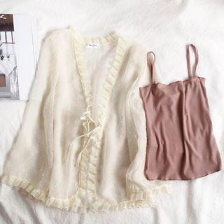 Ruffled Trim Polka Dot Drawstring Cardigan / Plain Ribbed Camisole