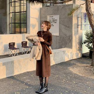 Mock-neck Plain Striped Knit A-line Dress