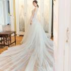 Long Sleeve Flower Embroidered Organza Wedding Gown
