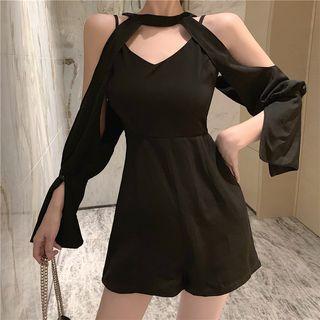 Long-sleeve Cold Shoulder Playsuit As Shown In Figure - One Size