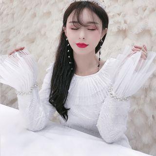 Sequined Long-sleeve Lace Dress White - S