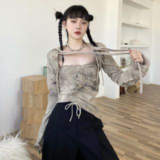 Long-sleeve Print Hooded Shrug