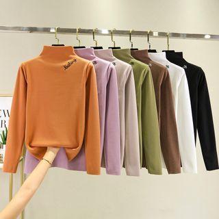 Letter Embroidered Mock-neck Long-sleeve Top