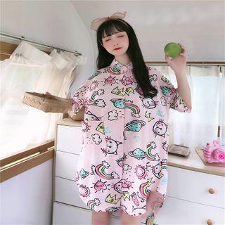 Cat Print Short-sleeve Shirt Dress
