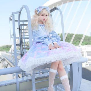 Long-sleeve Print Mesh Overlay A-line Dress