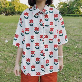 Elbow-sleeve Flower Print Shirt Flowers - White - One Size