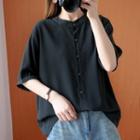 Elbow-sleeve Buttoned T-shirt As Shown In Figure - One Size
