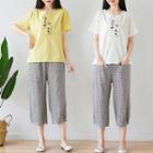 Set: Embroidered Short-sleeve T-shirt + Checked Cropped Wide-leg Pants