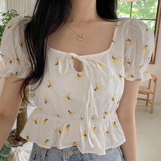 Puff-sleeve Embroidered Tie Neck Cropped Top