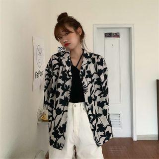 3/4-sleeve Floral Print Open-collar Shirt As Shown In Figure - One Size