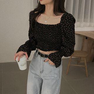 Square-neck Floral Blouse Black - One Size