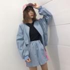 Set: Denim Color-block Baseball Jacket + Shorts