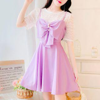 Set: Short-sleeve Lace Top + Ribbon Mini A-line Pinafore Dress