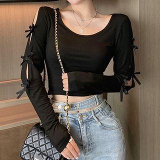 Long-sleeve Cutout Bow-accent Top