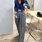 Long-sleeve V-neck Top / Plaid Wide Leg Pants