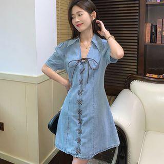 Short-sleeve Lace-up Denim Mini Shirt Dress