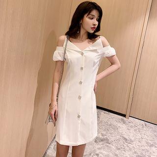 Buttoned Cold Shoulder A-line Dress