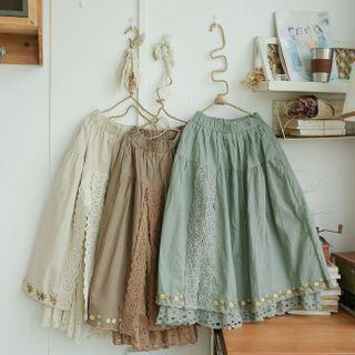Elastic-waist Lace-trim A-line Midi Skirt