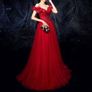 Off-shoulder Ruffled Sequined A-line Evening Gown