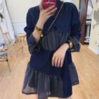 Striped Panel Long-sleeve Denim Collared Dress