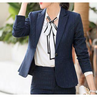 Striped Single-button Blazer / Cropped Skinny Pants / Tie-neck Blouse / Set