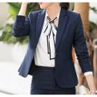 Striped Single-button Blazer / Cropped Skinny Pants / Tie-neck Blouse / Set
