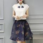 Set: Cap-sleeve Chiffon Blouse + Print A-line Skirt
