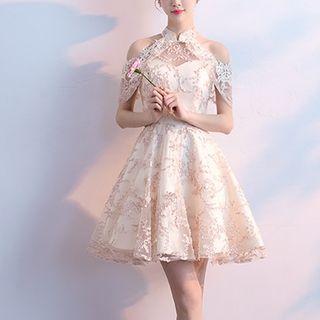 Cold-shoulder Embroidered Mini Prom Dress