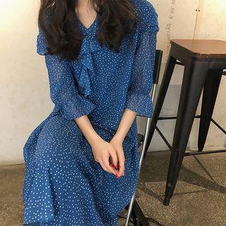 Dot V-neck Bell-sleeve Loose-fit Dress Blue - One Size