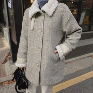 Sherpa-fleece Collared Herringbone Coat Gray - One Size