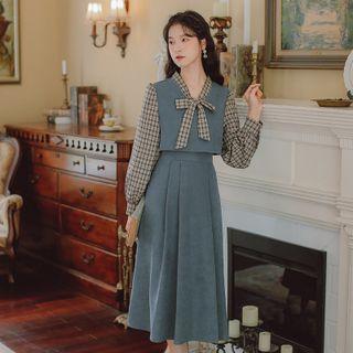 Mock Two-piece Long-sleeve Bow-neck Plaid Trim Midi A-line Dress