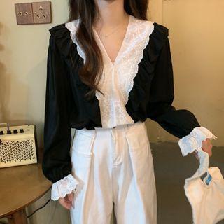 V-neck Lace Panel Ruffle Trim Blouse