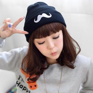 Moustache-embroidered Beanie Black - One Size