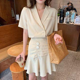Short-sleeve Double-breasted Blouse / Shirred Mini A-line Skirt