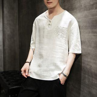 Elbow-sleeve Embroidered Frog-buttoned Henley T-shirt