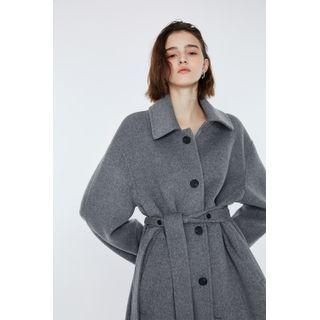 [lazy Sunday] Wool Mac Coat With Sash Charcoal Gray - One Size