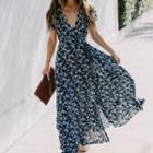 Short-sleeve Floral Print Slit Maxi A-line Dress