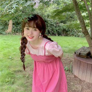 Mock Two-piece Short-sleeve Midi A-line Dress Pink - One Size